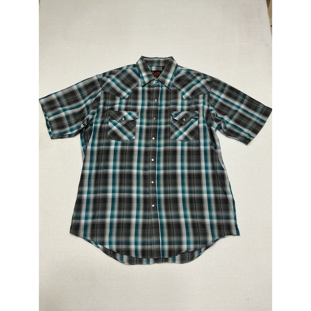 Plains Westernwear Mens Large Plaid Pearl Snap Western Shirt Teal Gray Cowboy